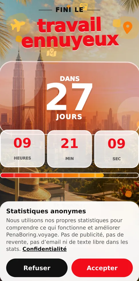 Capture de l’app Décompte montrant les jours, heures, minutes et secondes avant un voyage à Kuala Lumpur