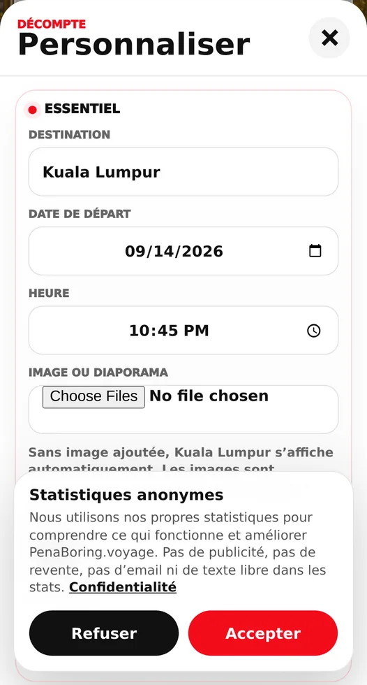 Capture du panneau de personnalisation avec destination, date de départ, heure, image de fond et contraste du texte