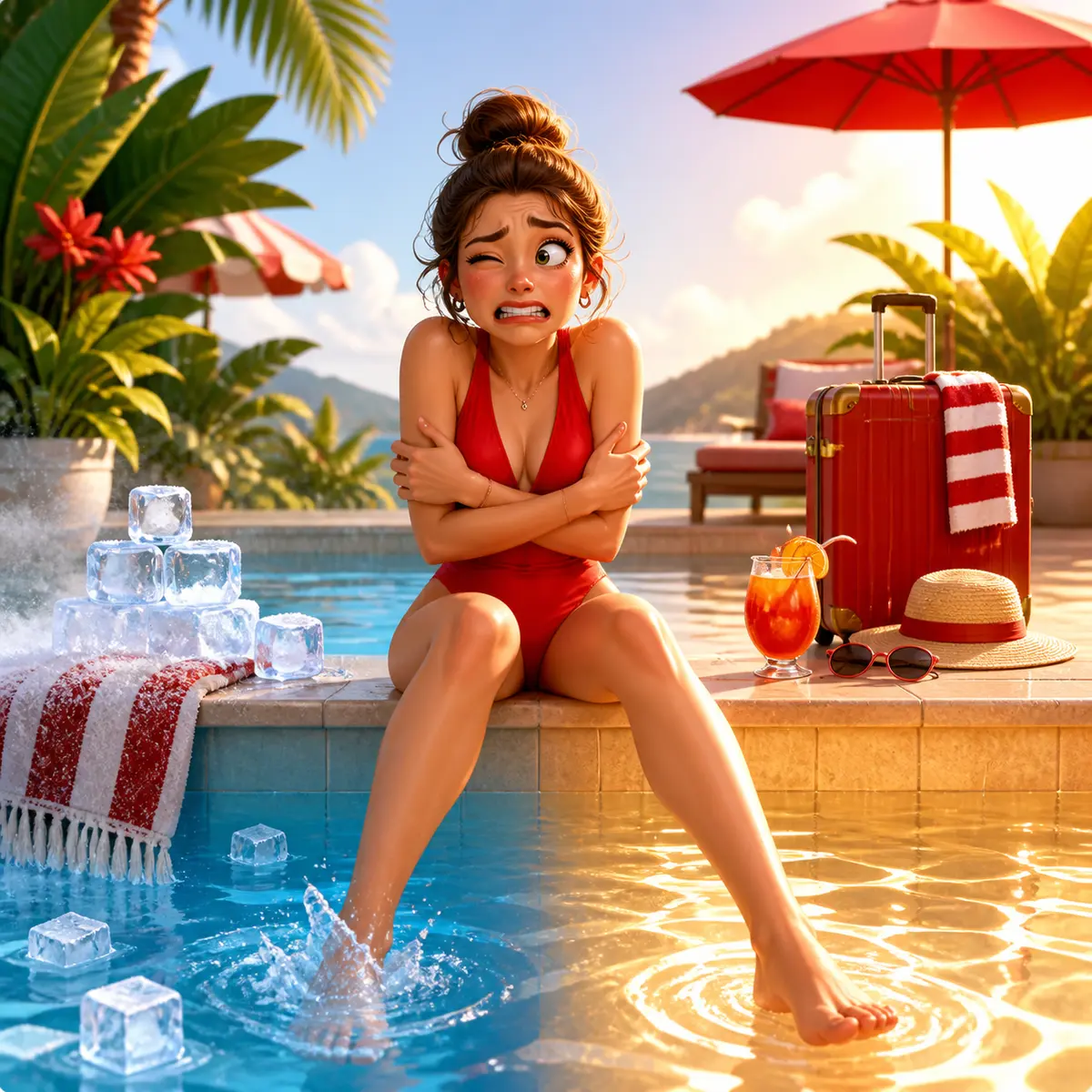 Voyageuse frileuse au bord d’une piscine de vacances avec de la glace et du soleil